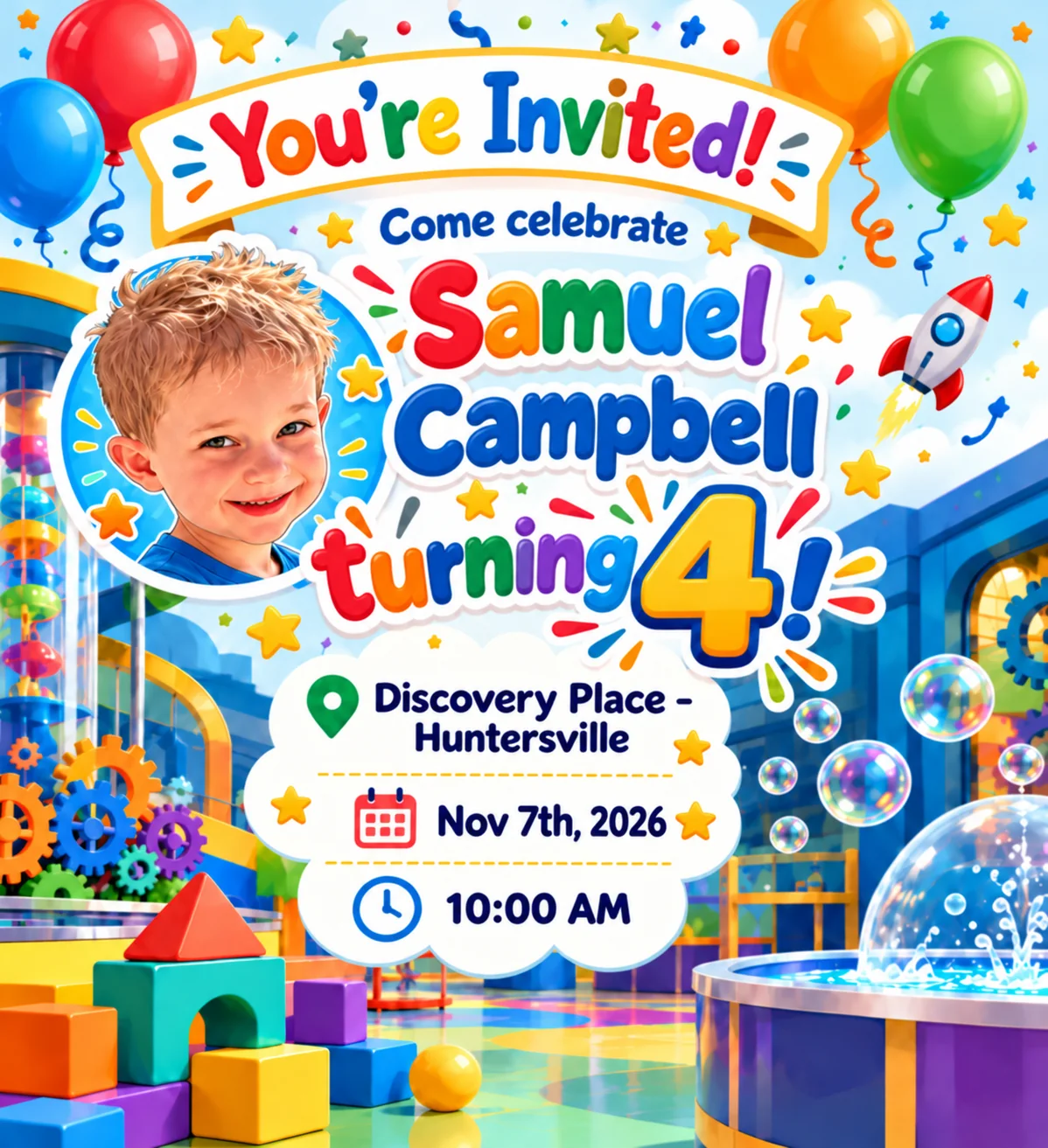 Colorful birthday invitation featuring a drawing of Samuel, a large yellow number 4, balloons, and party details